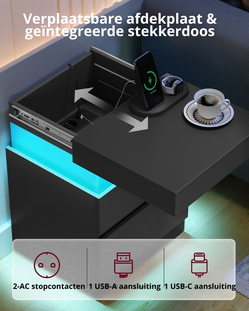 Nancy's Postua Nachtkastjes - Set van 2 - Oplaadstation - LED-Verlichting - Zwart - ± 40 x 35 x 55 cm