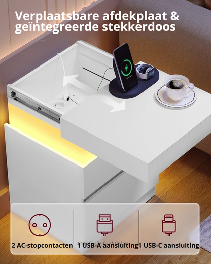Nancy's Postua Nachtkastjes - Set van 2 - Oplaadstation - LED-Verlichting - Wit - ± 40 x 35 x 55 cm