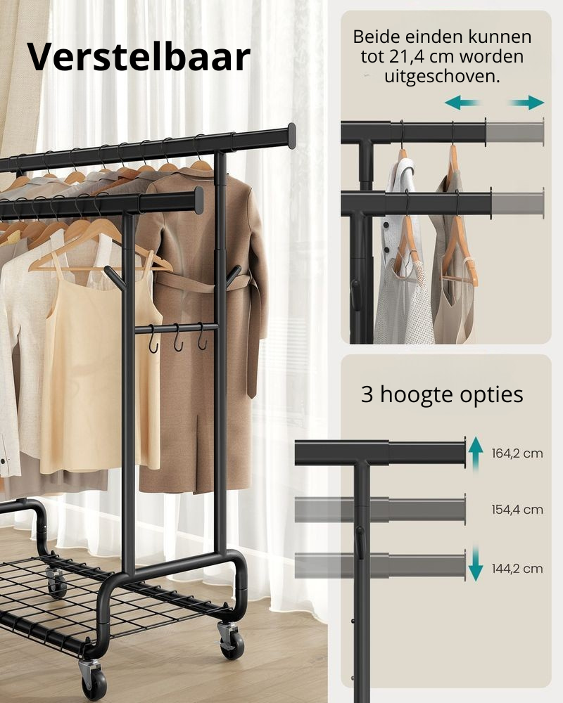 Nancy's Pienza Kledingrek - Dubbele Kledingstang - Garderoberek - Zwart - Staal