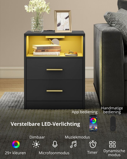 Nancy's Postal Nachtkastjes - Set van 2 - Praktische stekkerdoos - LED-Verlichting - Zwart - ± 40 x 35 x 50 cm