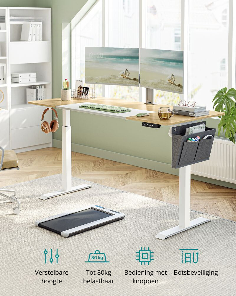 Nancy's Assago Verstelbaar Bureau - Zit/Sta Bureau - Elektrisch Bureau - Bruin / Wit - 70 x 160 x 72-120 cm