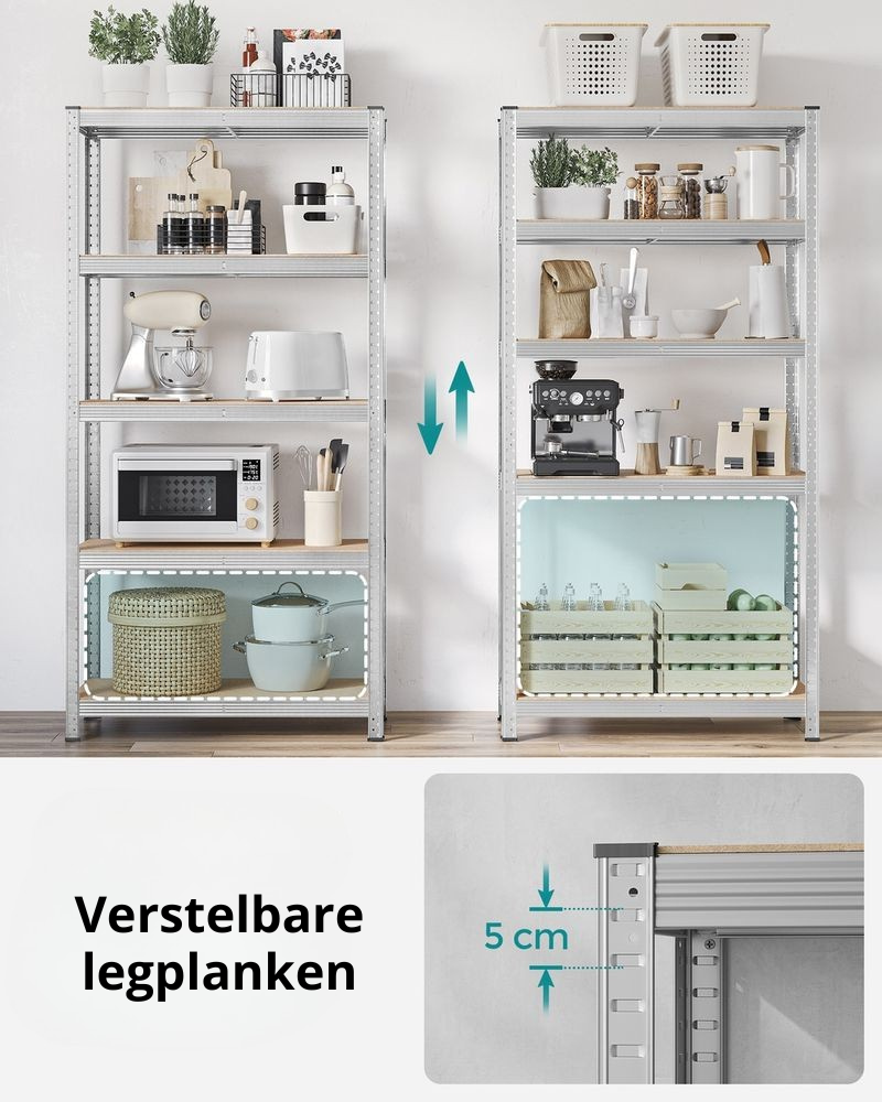 Nancy's Stelvio Stellingkasten Set van 2 - Opbergrek - Opbergkast - Verstelbare legplanken - Zilver - Staal - 90 x 40 x 180 cm