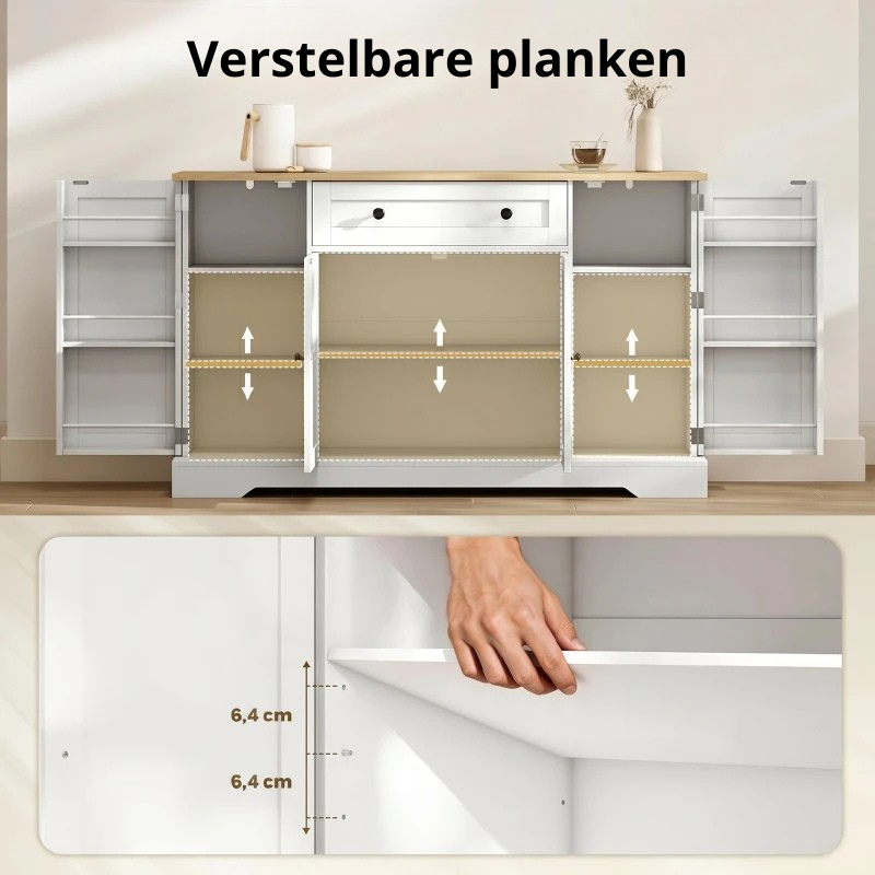 Nancy's Teglio Keukenkast - Opbergkast - Voorraadkast - Dressoir - Wit / Eiken - ± 140 x 40 x 85 cm
