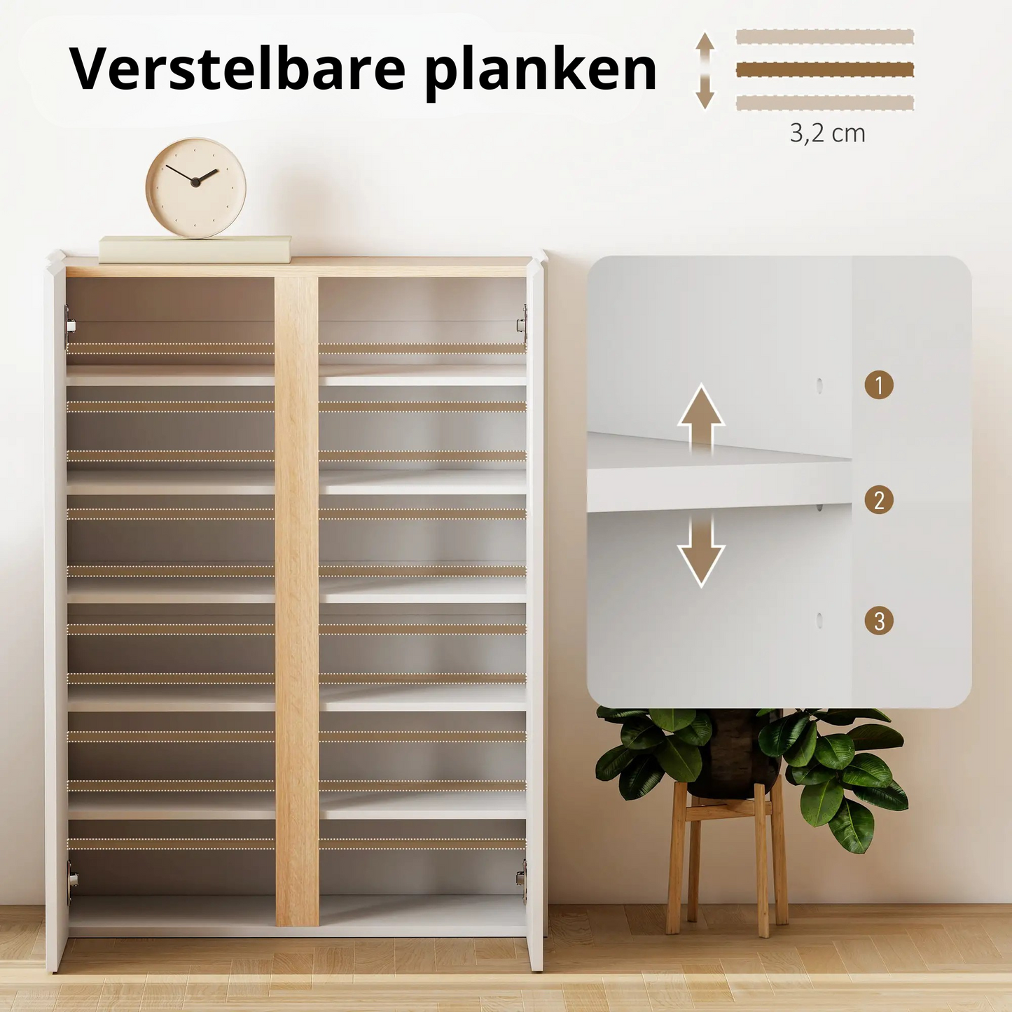 Nancy's Malegno Schoenenkast - Opbergkast voor schoenen - Schoenenrek - Wit / Hout - 70 x 35 x 95 cm