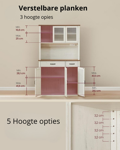 Nancy's Mezzana Vrijstaande Keukenkast - Vitrinekast - Buffetkast - Vintage Wit - ± 105 x 40 x 180 cm