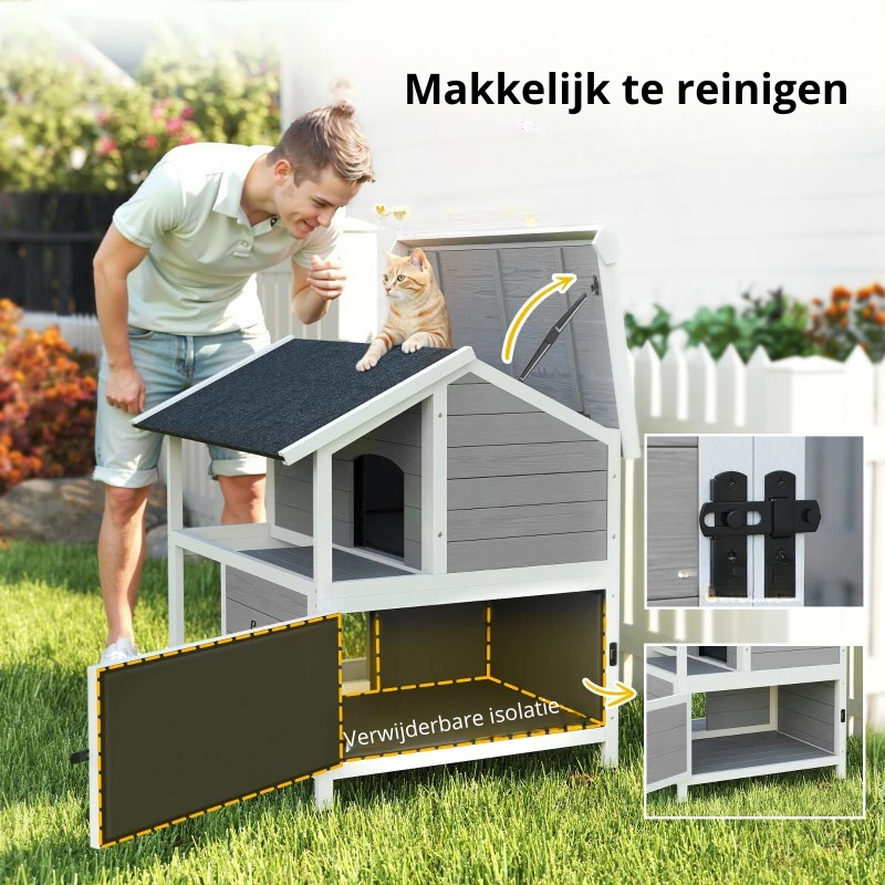 Nancy's Perloz Kattenhuis voor buiten - Kattenvilla - Grijs - Sparrenhout - ± 80 x 95 x 95 cm
