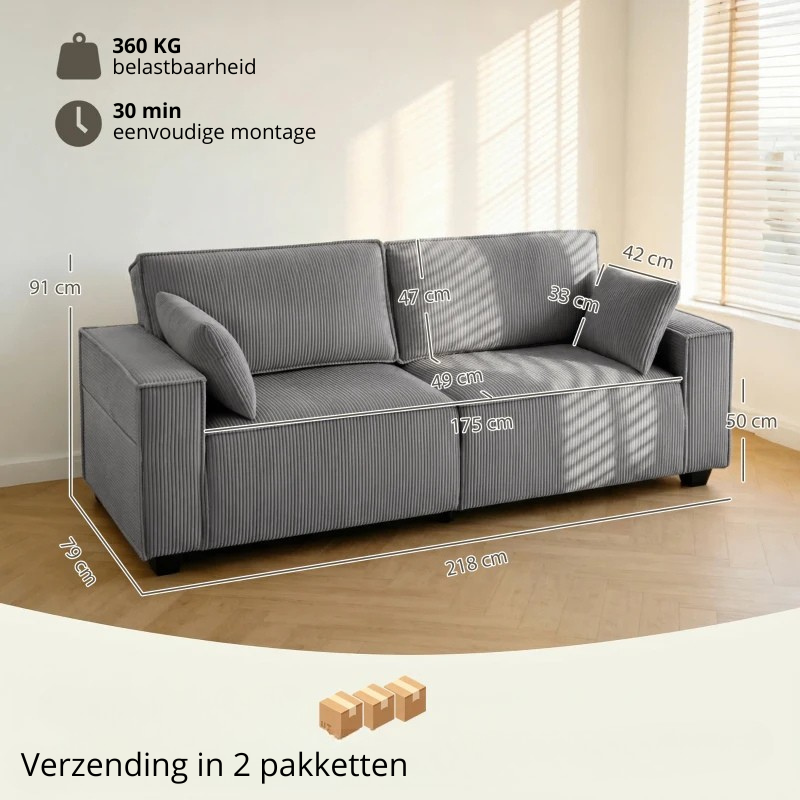 Nancy's Seminara 3-Zitsbank - Zitbank - Woonkamerbank - Lichtgrijs - Corduroy - ± 220 x 80 x 90 cm