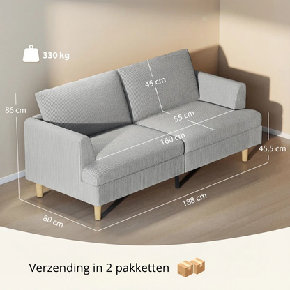 Nancy's Senago 3-Zitsbank - Zitbank - Woonkamerbank - Driezitsbank - Lichtgrijs - Corduroy - ± 190 x 80 x 85 cm