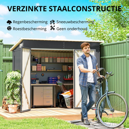 Nancy's Prunetto Opbergschuur - Tuinschuur - Gereedschapsschuur - Grijs - Staal - ± 235 x 130 x 163/185 cm