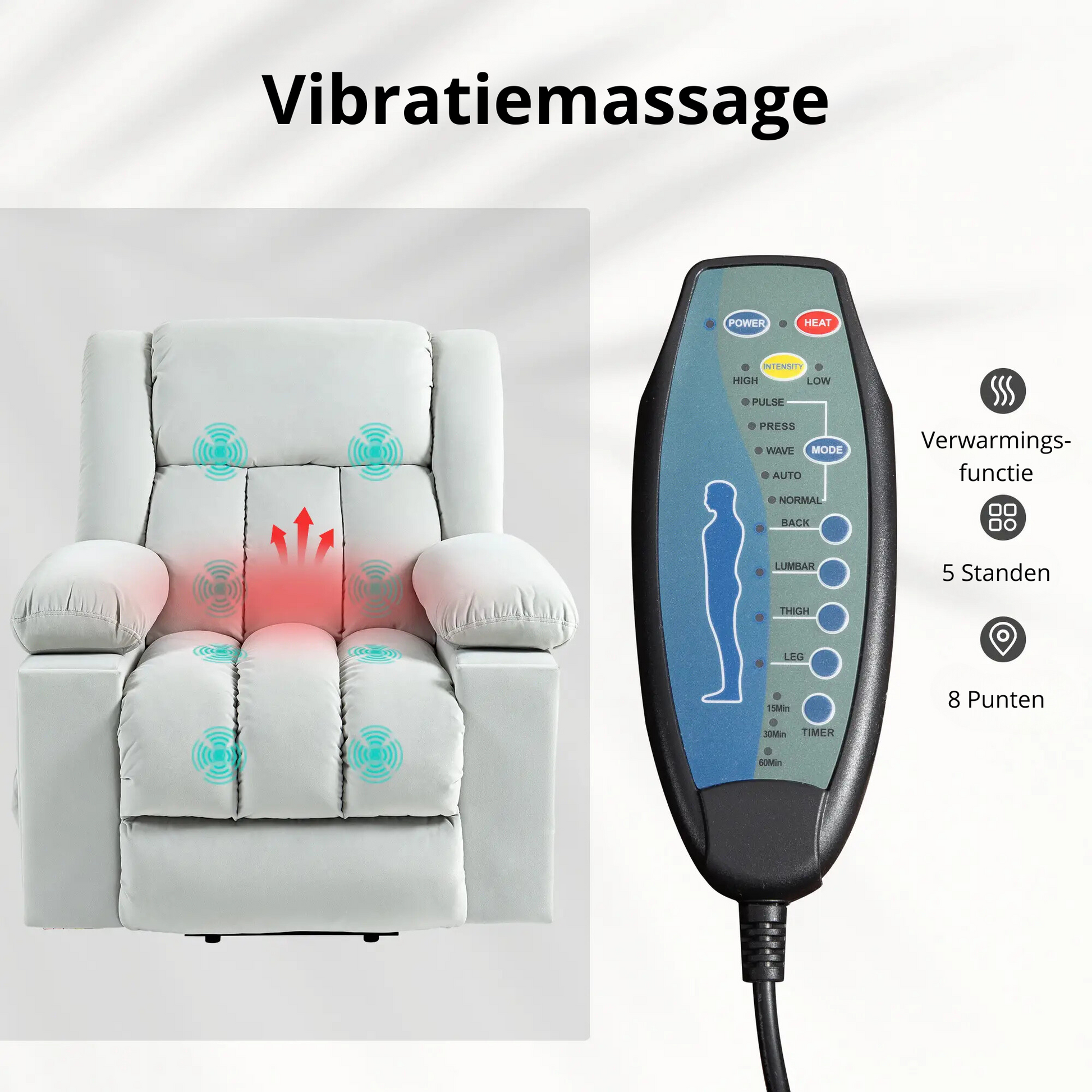Nancy's Escalhao Sta op stoel - Opsta stoel - Seniorenstoel - Massagestoel - Relaxfauteuil - Lichtgrijs - Fluweel