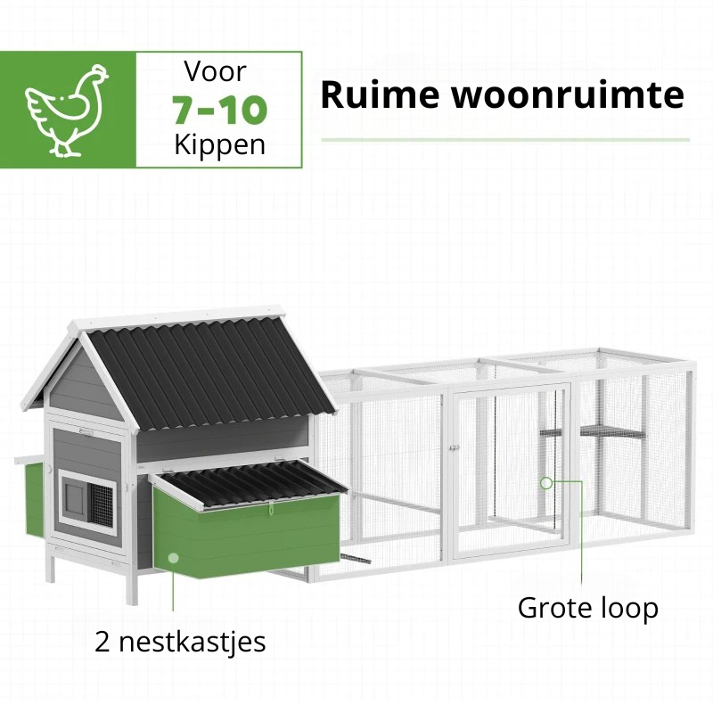 Nancy's Piverone Kippenhok - Kippenren - Wit / Grijs / Zwart - Dennenhout - ± 280 x 135 x 110 cm