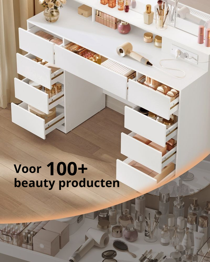 Nancy's Prali Make Up Tafel - Kaptafel - Make-Up tafel met Spiegel en LED-Verlichting - Wit - ± 105 x 40 x 145 cm