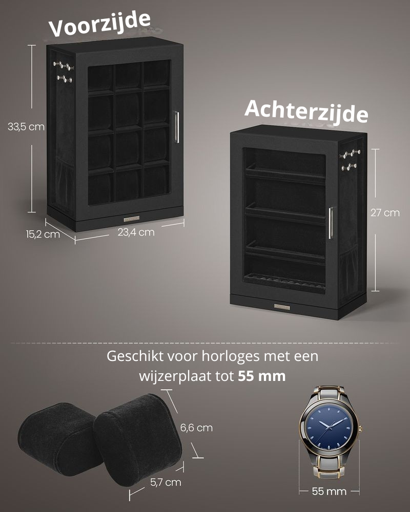 Nancy's Picerno Horlogedoos - Horlogebox - Opbergdoos voor 12 horloges - Draaibaar - Zwart - Fluweel - ± 25 x 15 x 35 cm