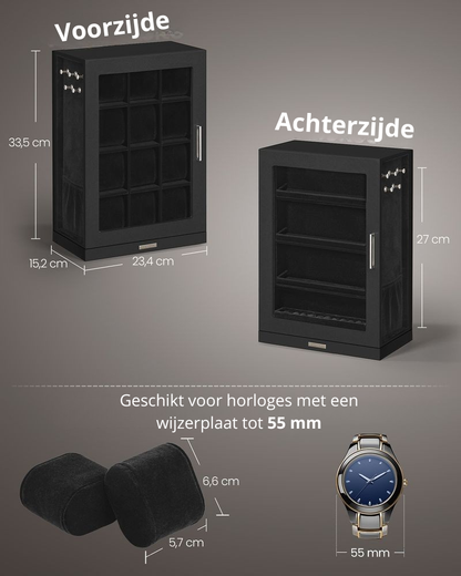 Nancy's Picerno Horlogedoos - Horlogebox - Opbergdoos voor 12 horloges - Draaibaar - Zwart - Fluweel - ± 25 x 15 x 35 cm