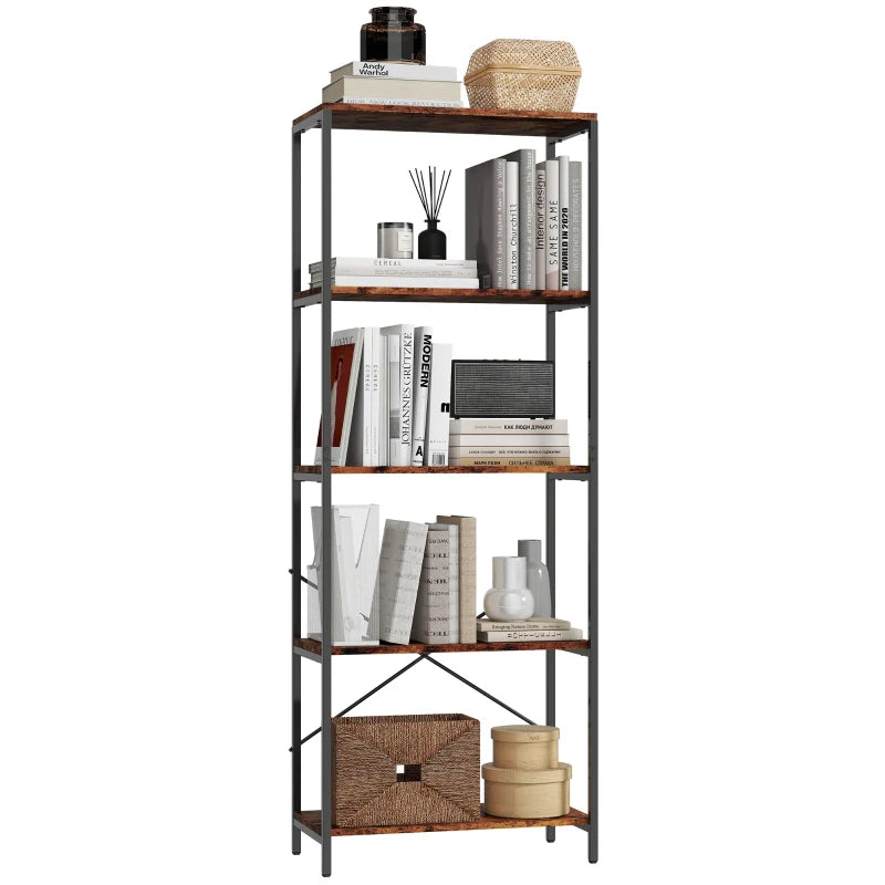 Nancy's Ovada Boekenkast - Opbergkast - 5 Niveaus - Bruin - MDF / Staal - ± 80 x 35 x 160 cm
