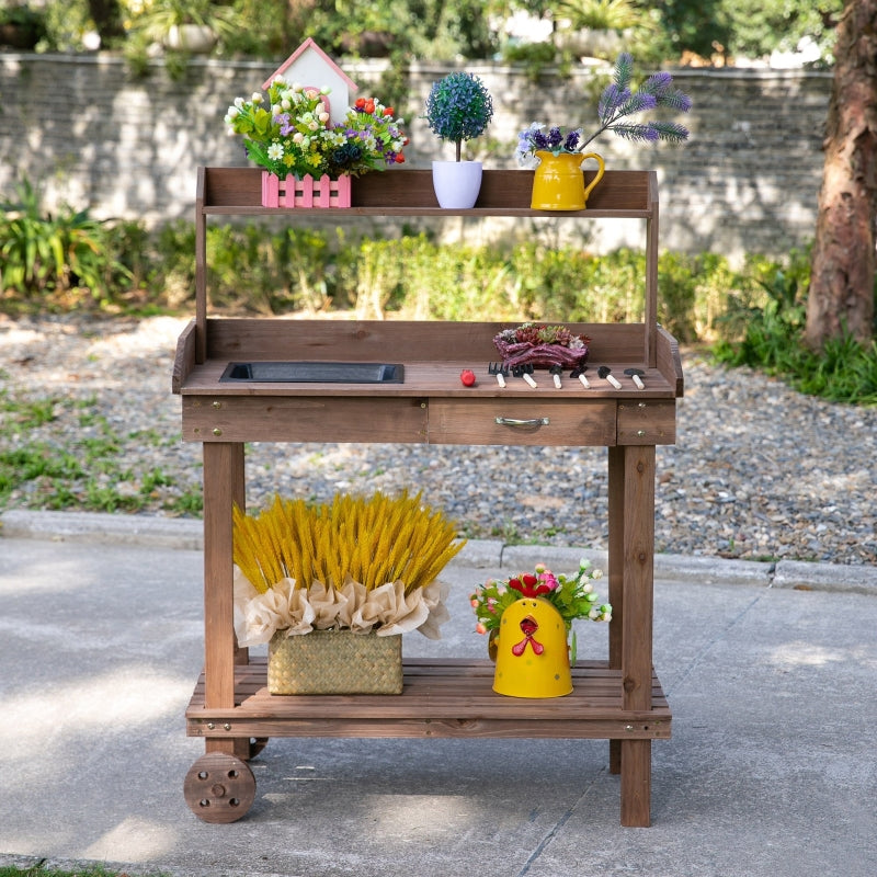 Nancy's Castilie Planttafel - Tuinwerktafel - Werktafel - Bruin - Dennenhout - ± 90 x 45 x 120 cm