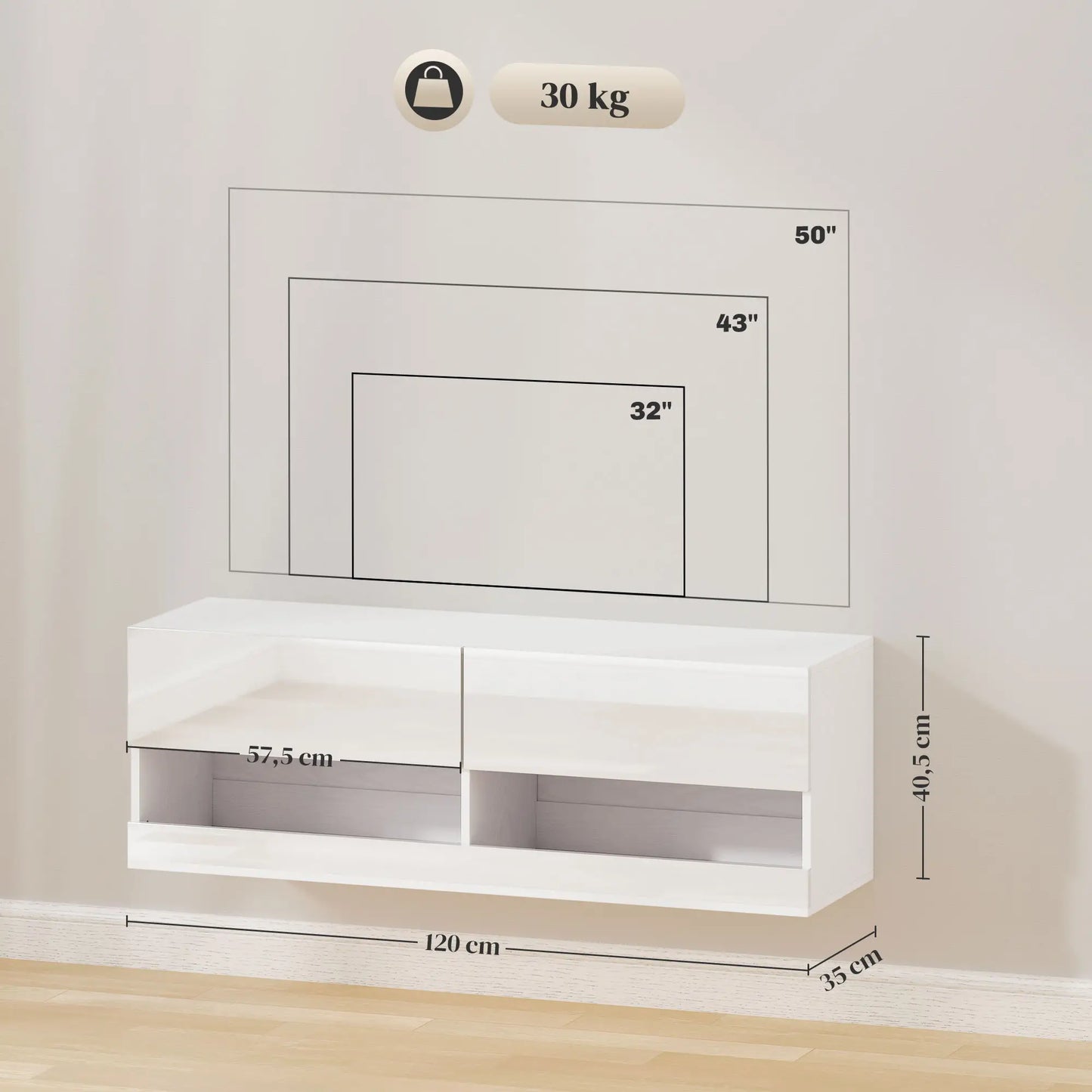 Nancy's Alqueva TV-meubel met Verlichting - TV Kast - Lowboard - TV Dressoir - Wit - ± 120 x 35 x 40 cm