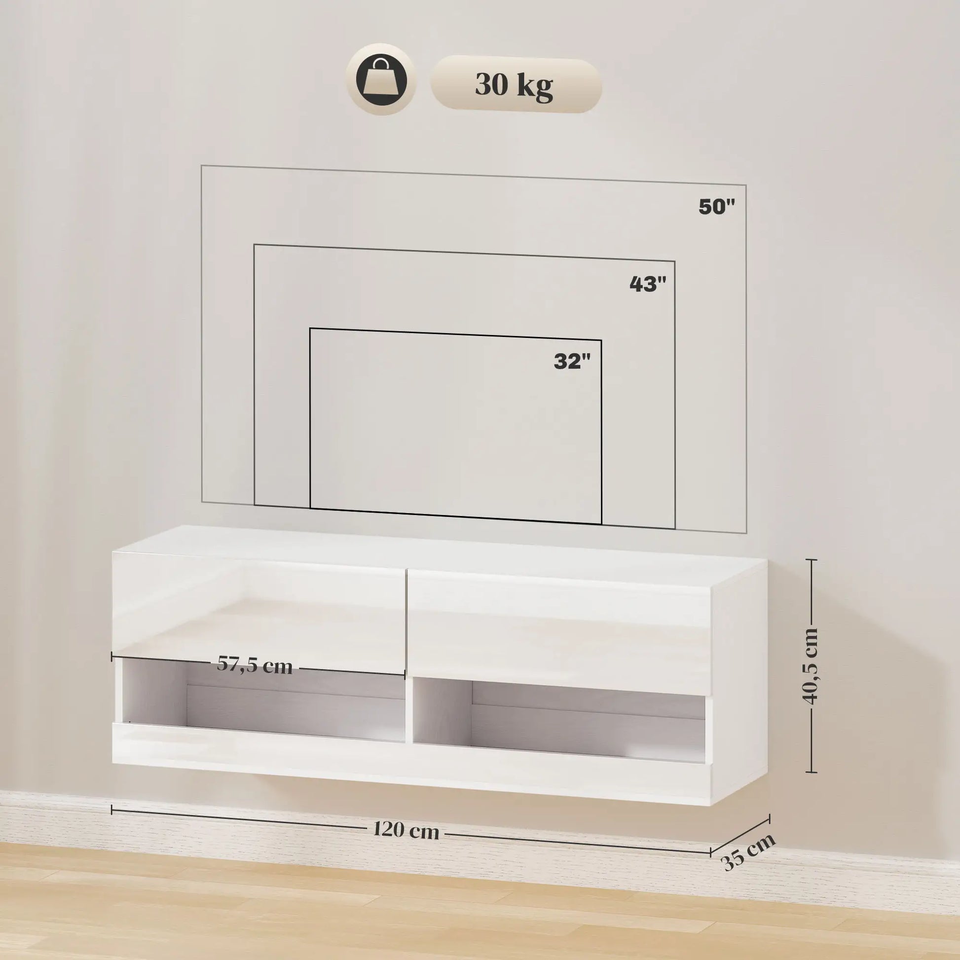 Nancy's Alqueva TV-meubel met Verlichting - TV Kast - Lowboard - TV Dressoir - Wit - ± 120 x 35 x 40 cm