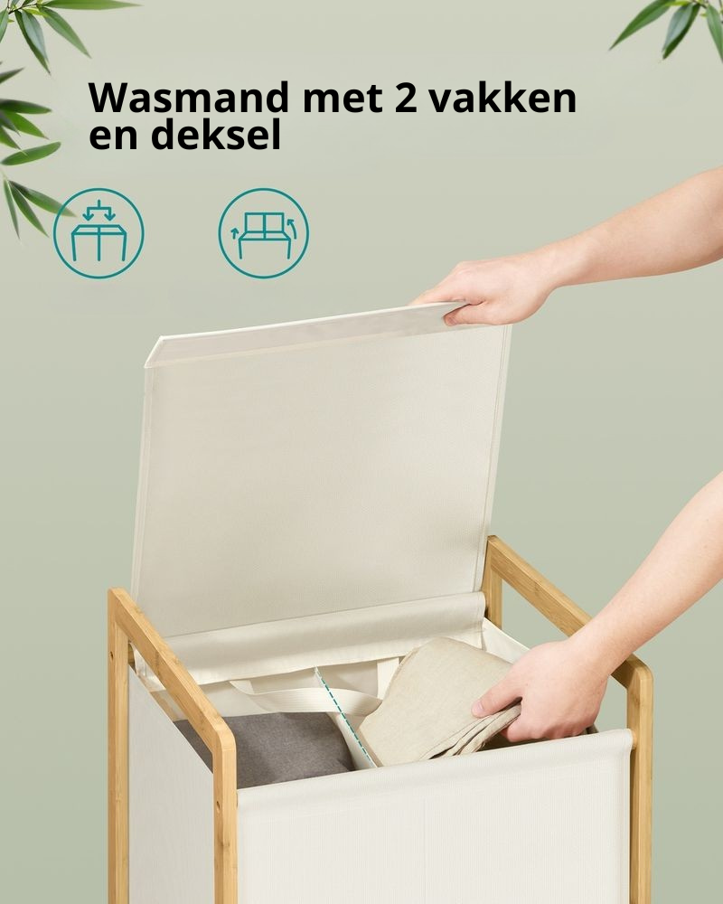 Nancy's Pradleves Wasmand met 2 vakken - Wassorteerder - Wasbox - Crèmewit - Bamboe - 100 Liter