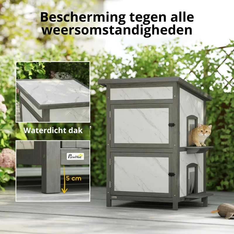 Nancy's Pesaro Kattenhuis - Kattenvilla - Kattengrot - Grijs / Wit - Dennenhout - ± 60 x 60 x 90 cm