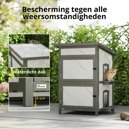 Nancy's Pesaro Kattenhuis - Kattenvilla - Kattengrot - Grijs / Wit - Dennenhout - ± 60 x 60 x 90 cm