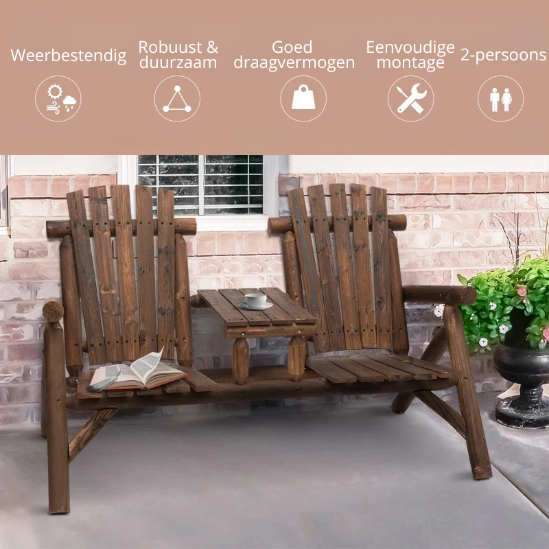 Nancy's Riccione Tuinbank - Loungebank - Balkonbank - 2 Stoelen met tafel - Bruin - Dennenhout - ± 155 x 90 x 105 cm