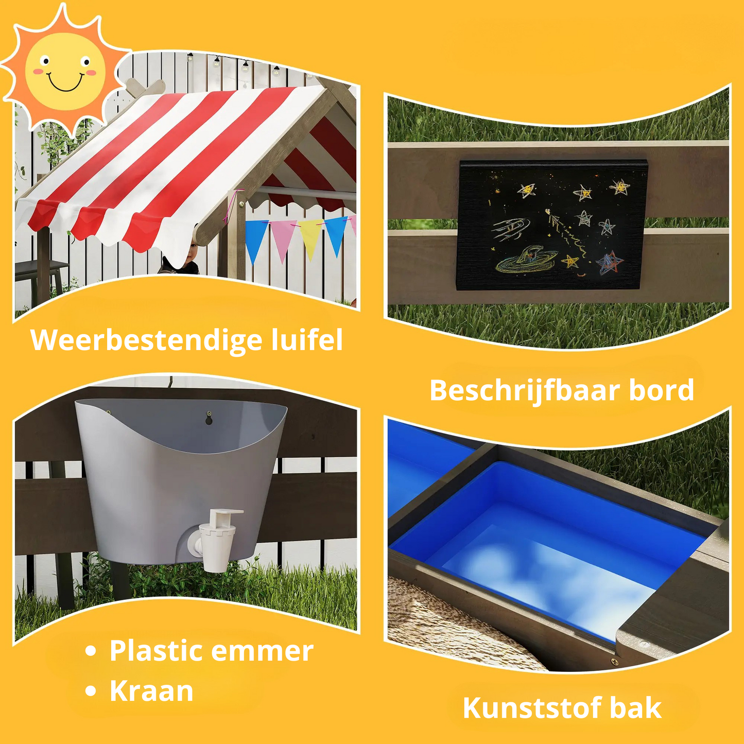 Nancy's Dossena Zandbak - Weerbestendig Dak - Met Speelset - Grijs / Rood / Wit - Dennenhout - ± 125 x 115 x 145 cm