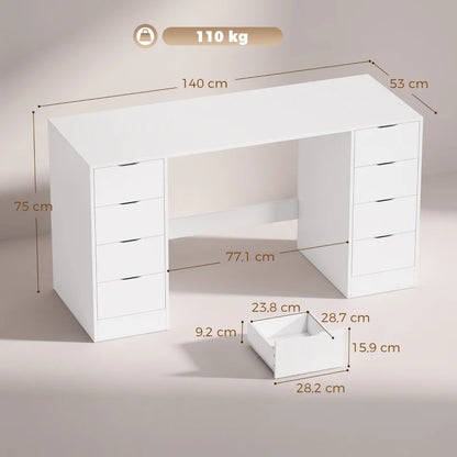 Nancy's Trecate Bureau - 8 Lades - Ruim werkblad - Wit - Spaanplaat / MDF - ± 140 x 55 x 75 cm