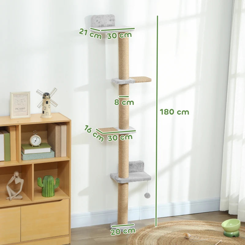 Nancy's Nicosia Krabpaal - Kattenboom - Lichtgrijs / Naturel - Pluche / Jute - ± 50 x 20 x 180 cm