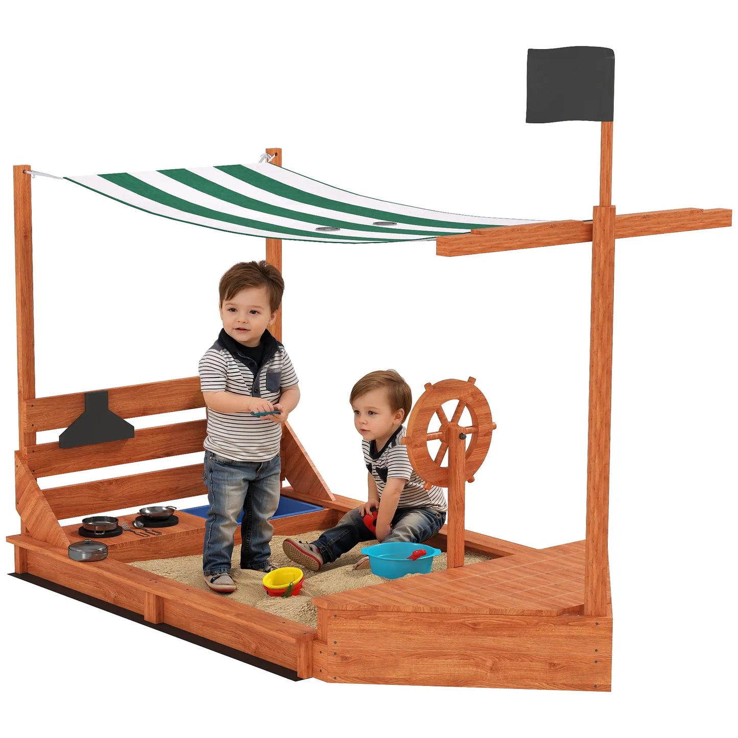 Nancy's Dorno Zandbak - Met Keukenset - Piratenschip - Bruin / Groen / Wit - Dennenhout - ± 180 x 100 x 145 cm