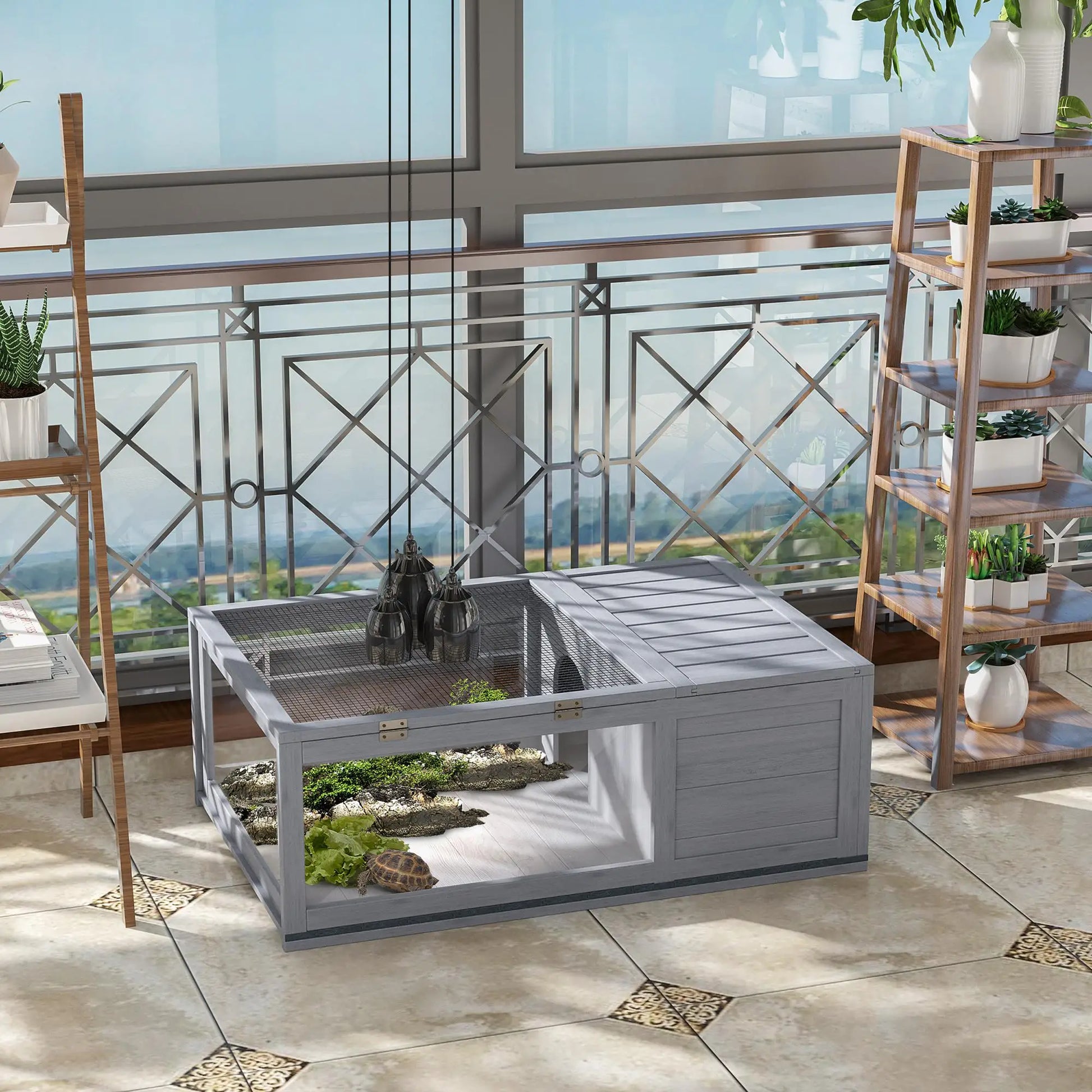 Nancy's Cocconato Dierenverblijf - Dierenhok - Schilpaddenhuis - Grijs - Dennenhout - ± 90 x 60 x 30 cm