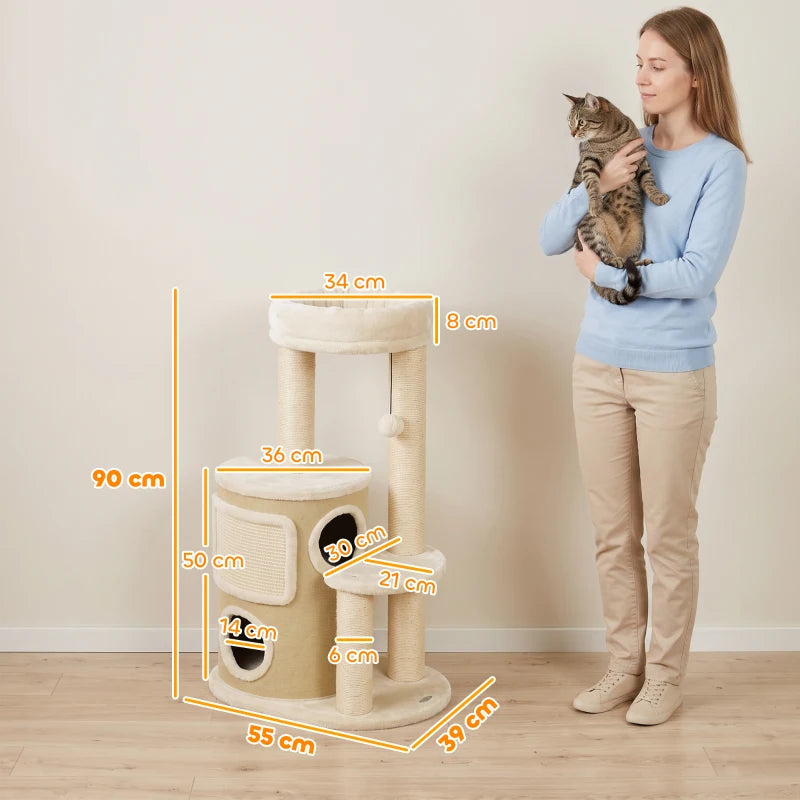 Nancy's Torriana Krabpaal - Klimboom voor katten - Kattenboom met 4 niveaus - Beige - 55 x 39 x 90 cm