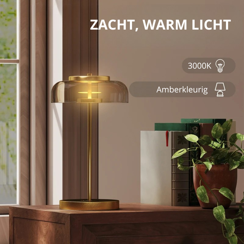 Nancy's Palinuro Tafellamp - Bureaulamp - LED-Lamp - Glas / Staal - Goud + Amberkleurig