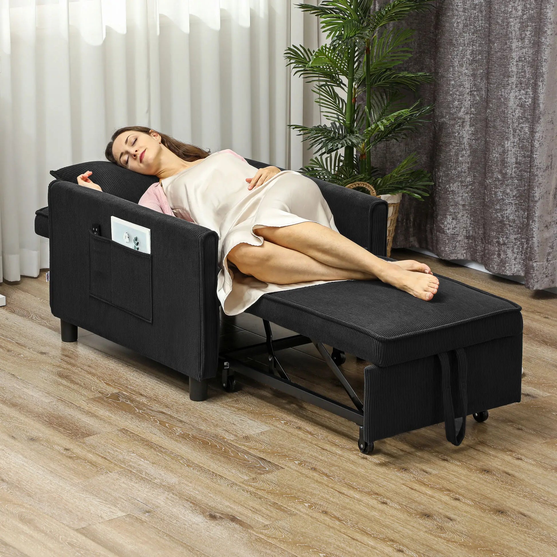 Nancy's Reigada Slaapbank - Logeerbed - Slaapstoel - Stoel met Slaapfunctie - Zwart - Ribfluweel