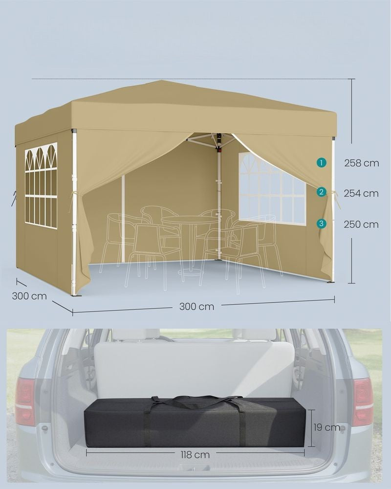 Nancy's Ruffre Partytent - Tuintent - Afneembare zijwanden - Zonwering - Opvouwbaar en draagbaar - Beige - 300 x 300 x 260 cm