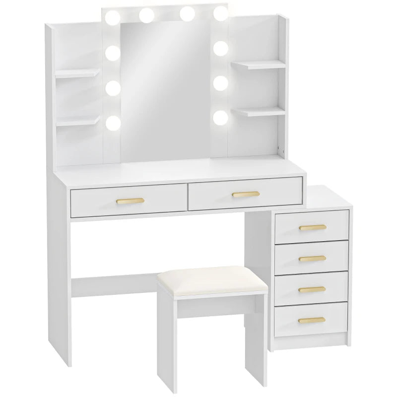 Nancy's Pontboset Kaptafel met Kruk - Make Up Tafel met Verlichting - Hollywood Spiegel - Wit - 120 x 40 x 140 cm