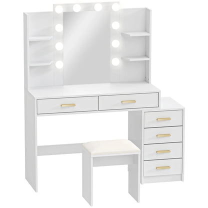 Nancy's Pontboset Kaptafel met Kruk - Make Up Tafel met Verlichting - Hollywood Spiegel - Wit - 120 x 40 x 140 cm