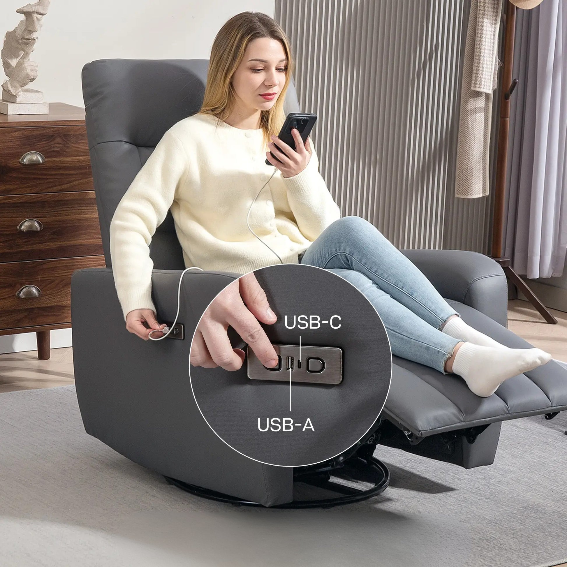 Nancy's Claviere Relaxfauteuil - Loungestoel - Relaxstoel - Verstelbaar / Draaibaar / Schommelend - Grijs - Kunstleer