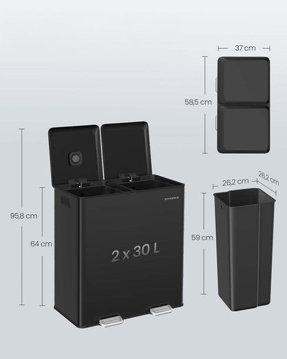 Nancy's Osoppo Afvalscheidingsprullenbak - Afvalbak - Pedaalemmer - Afval Scheiden - Zwart - 2 x 30 Liter