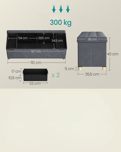 Nancy's Erbusco Opbergbank - Poef met Opbergruimte - Bankje - Grijs - Fluweel - ± 110 x 40 x 40 cm
