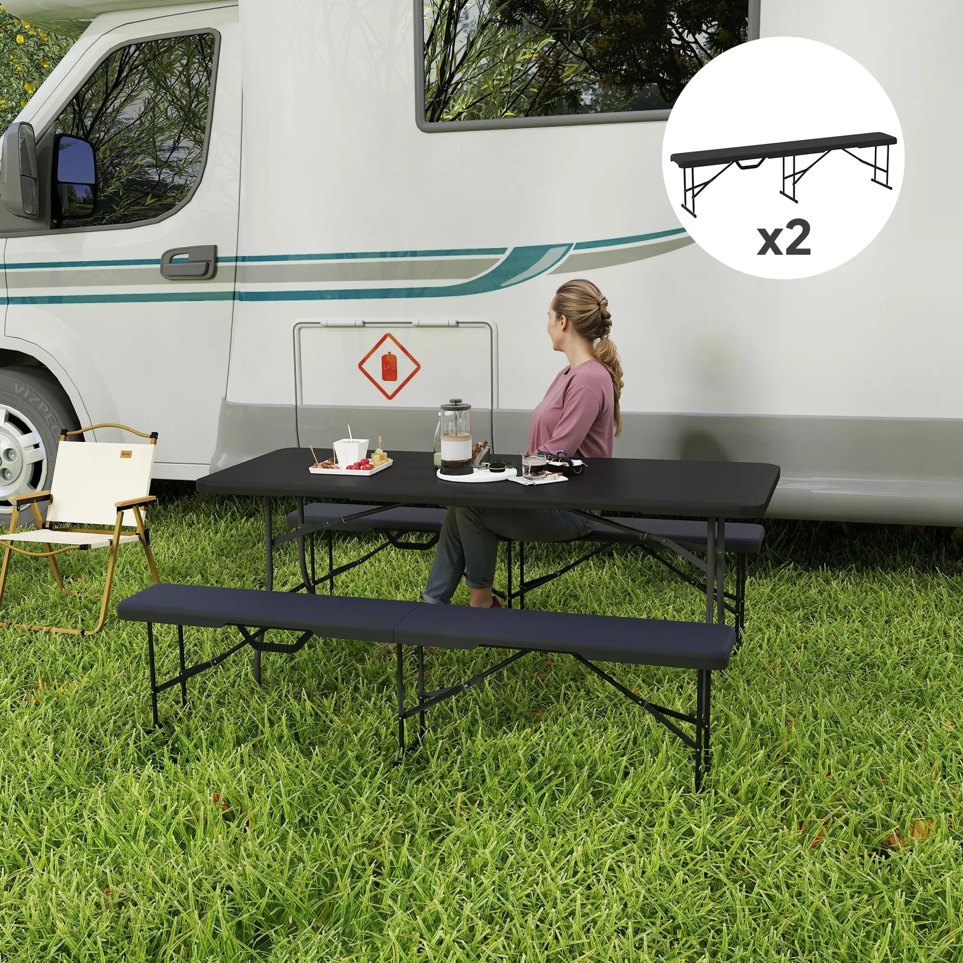 Nancy's Faver Picknickbank - Campingbank - Set van 2 - Zwart - ± 180 x 30 x 40 cm