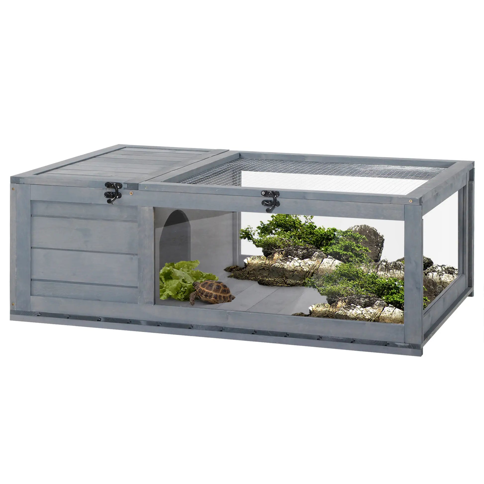 Nancy's Cocconato Dierenverblijf - Dierenhok - Schilpaddenhuis - Grijs - Dennenhout - ± 90 x 60 x 30 cm