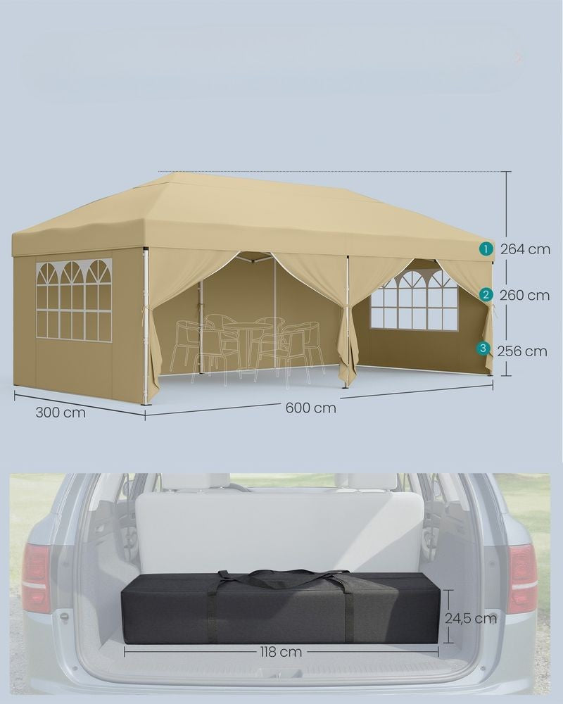 Nancy's Rufina Partytent - Tuintent - Afneembare zijwanden - UV-Wering - Opvouwbaar - Beige - 600 x 300 x 260 cm