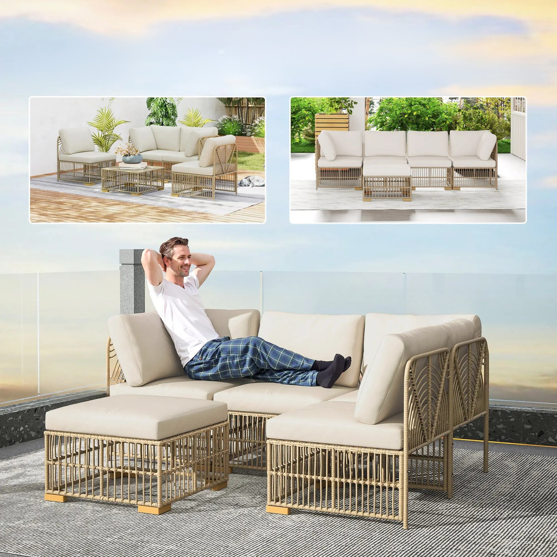 Nancy's Faeto Loungeset - Tuinset - 5-Delige Lounge Set voor Buiten - Natuurlijk / Crème - Rotan