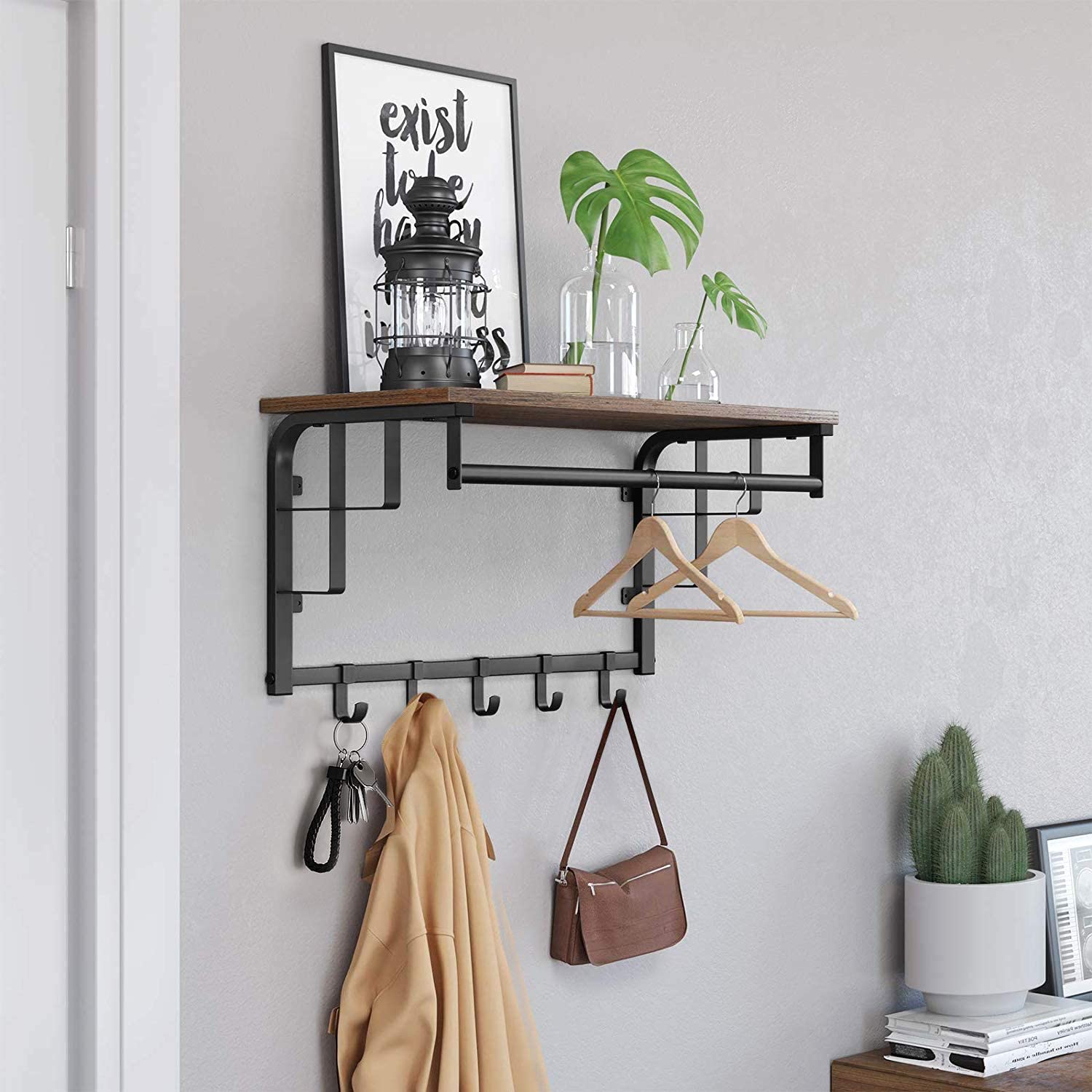 Nancy's Ellensburg Wandkapstok - Met 5 Haken - Ophangrail - Opbergrek - ± 65 x 30 x 30 cm