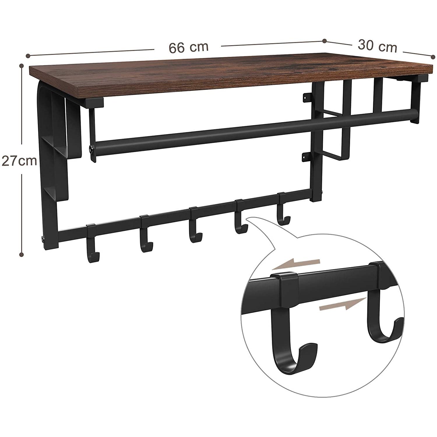 Nancy's Ellensburg Wandkapstok - Met 5 Haken - Ophangrail - Opbergrek - ± 65 x 30 x 30 cm