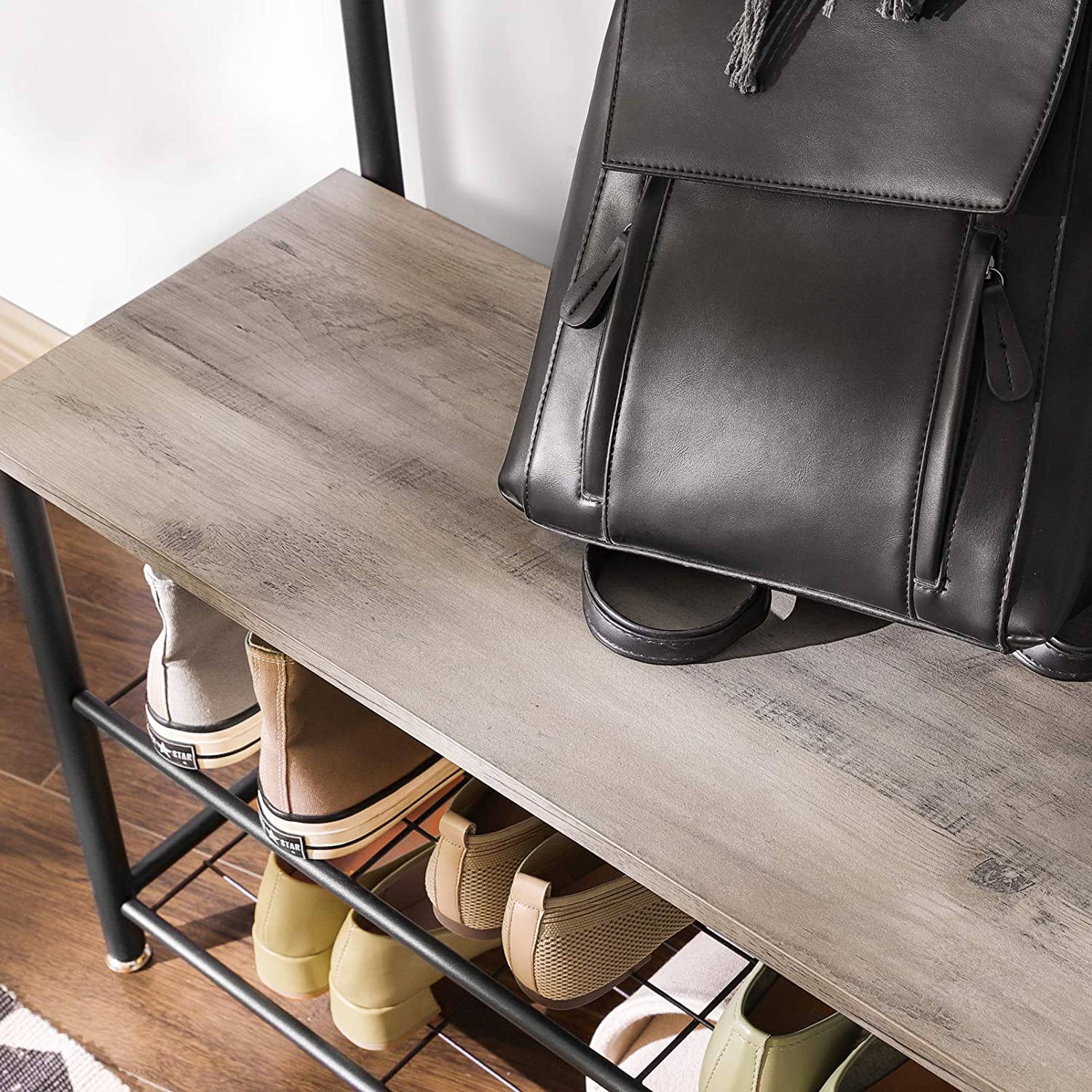 Nancy's Hinsdale Garderoberek - Kapstok - Schoenenrek - Kapstok Staand - Vintage Bruin / Zwart ± 70 x 30 x 175 cm