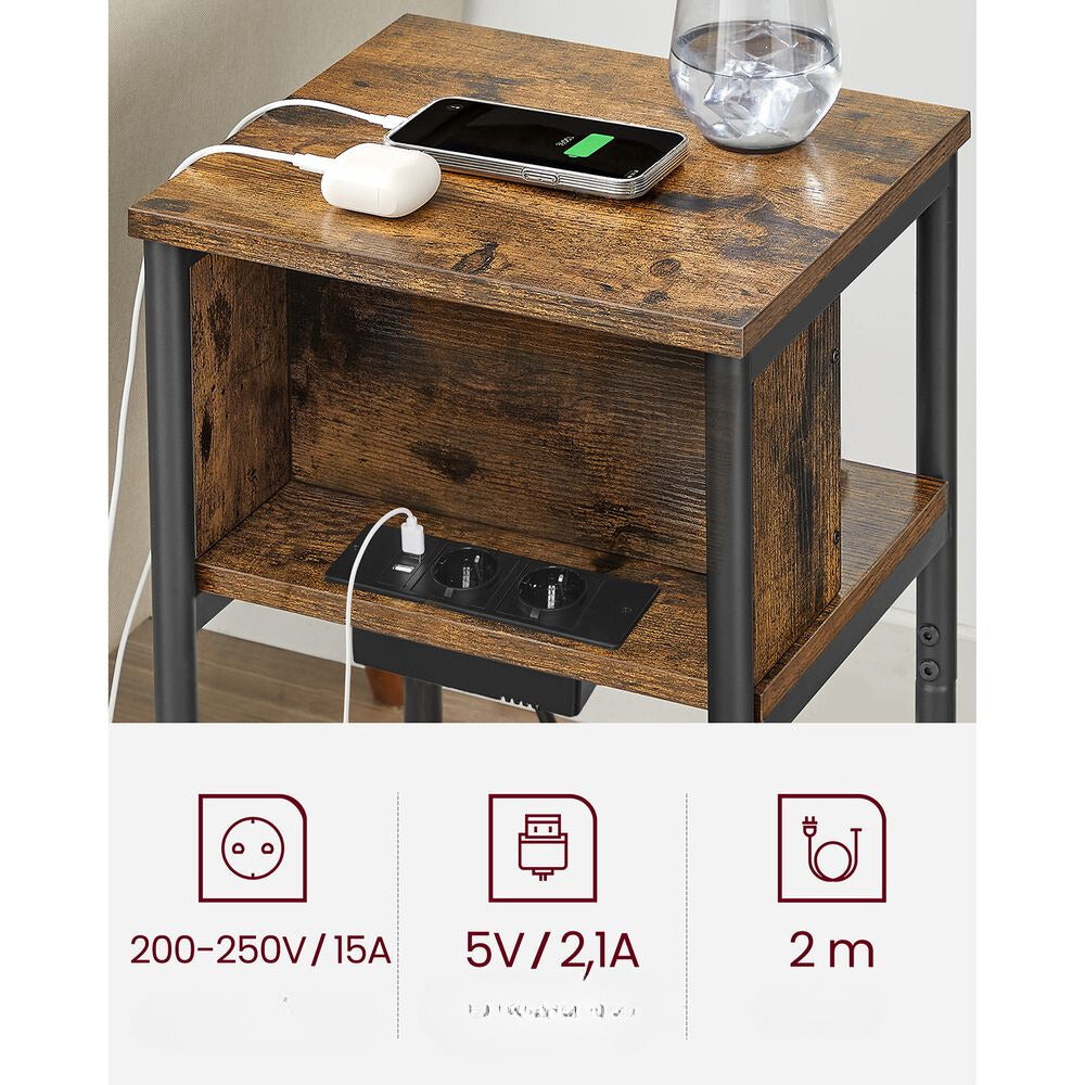 Nancy's Crowle Bedside Table Brown With Sockets - Industrial - Side Table - 34 x 30 x 58 cm
