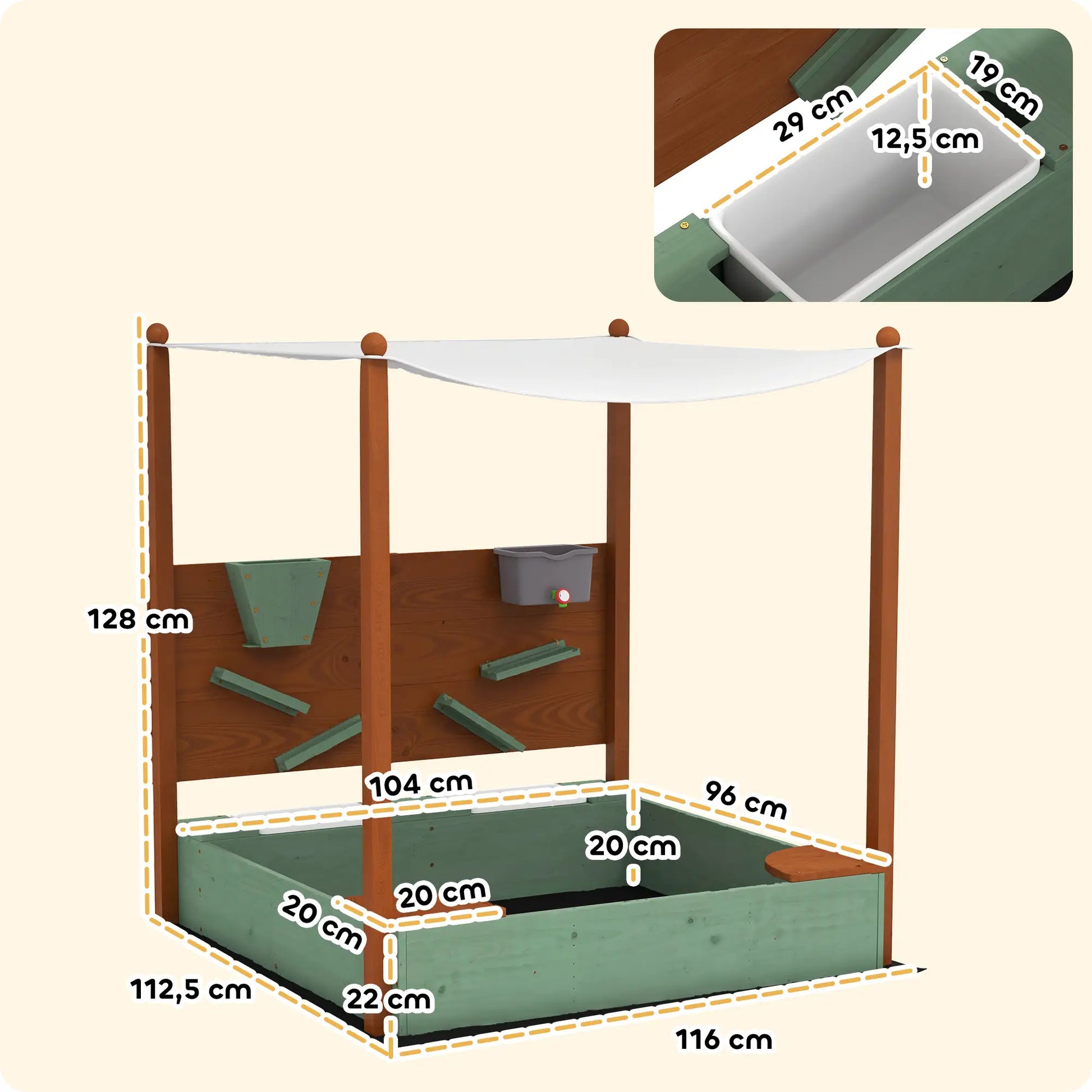 Nancy's Donoratico Zandbak - Met UV-Zonnekap - Groen / Bruin / Wit - Dennenhout - ± 115 x 110 x 130 cm