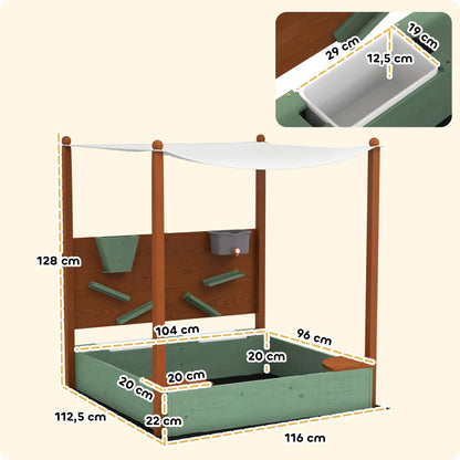 Nancy's Donoratico Zandbak - Met UV-Zonnekap - Groen / Bruin / Wit - Dennenhout - ± 115 x 110 x 130 cm